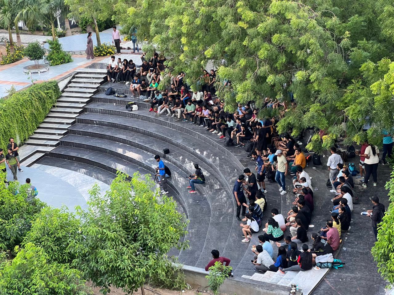A company crowd filling the amphitheatre tiers for a day out