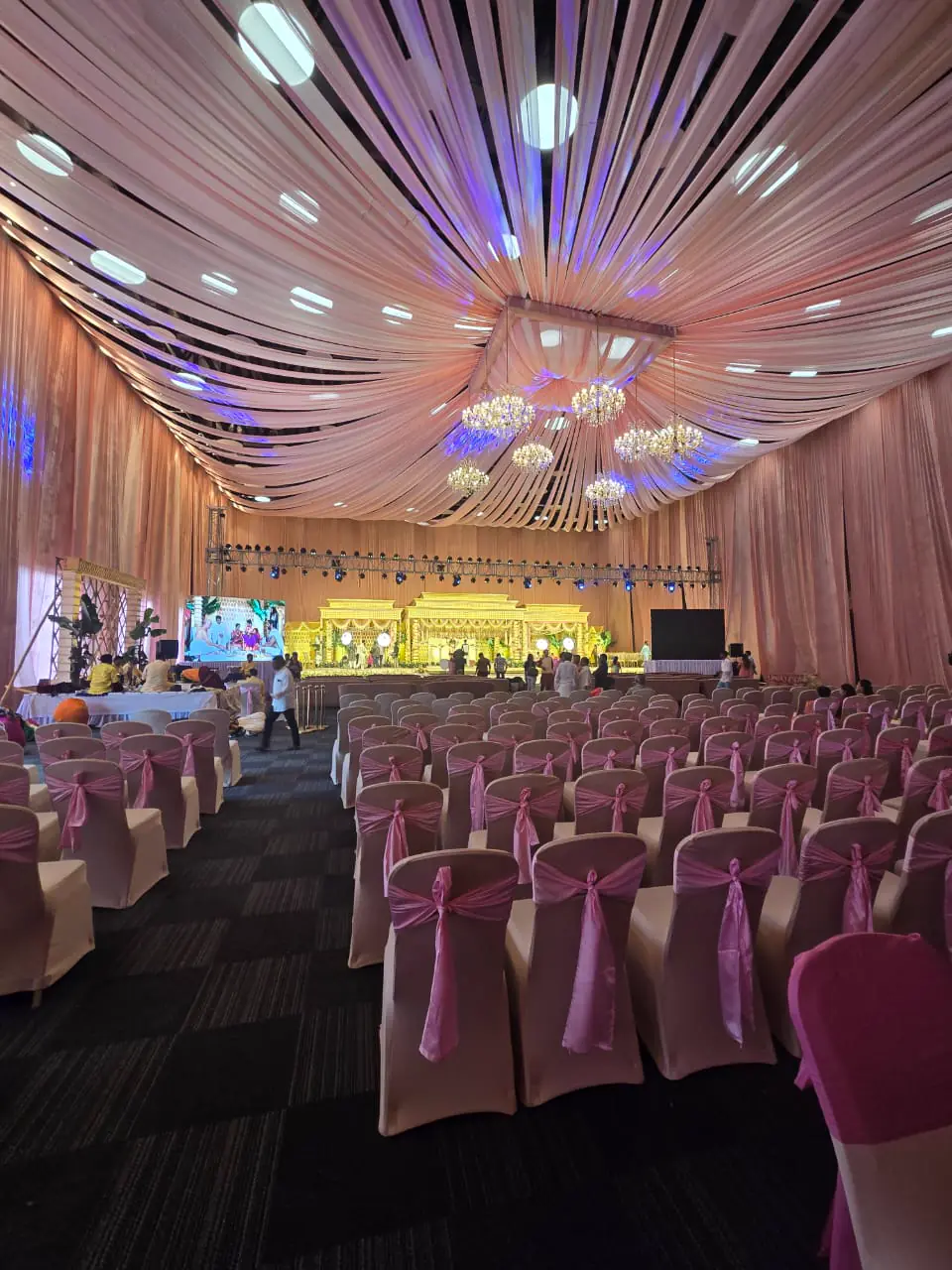 A decorated indoor reception hall